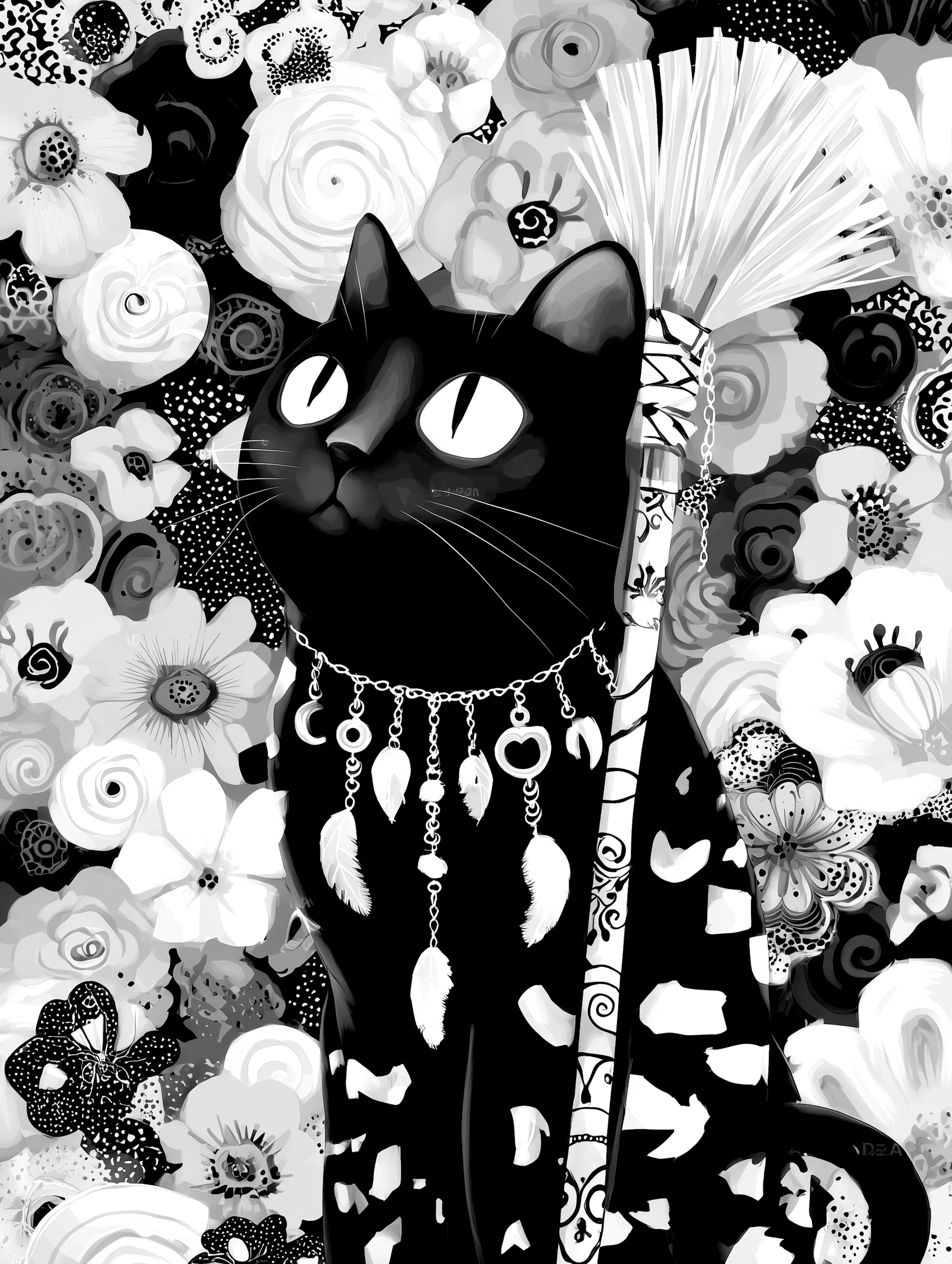 Free printable black cat coloring page for adults featuring black cat with a necklace and a broom